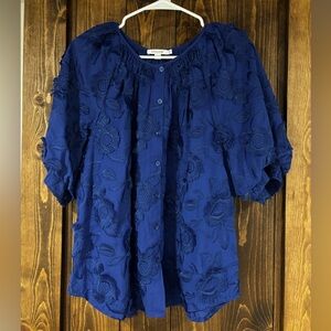 Chicos Puff Sleeve Embroidered Flower Top Button Down Raglan Sleeve Size 14